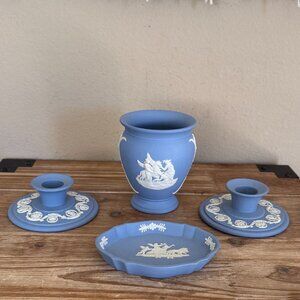 Wedgwood Blue Jasperware Posy Vase / 2 Candle Holders / Oval Trinket Tray Set